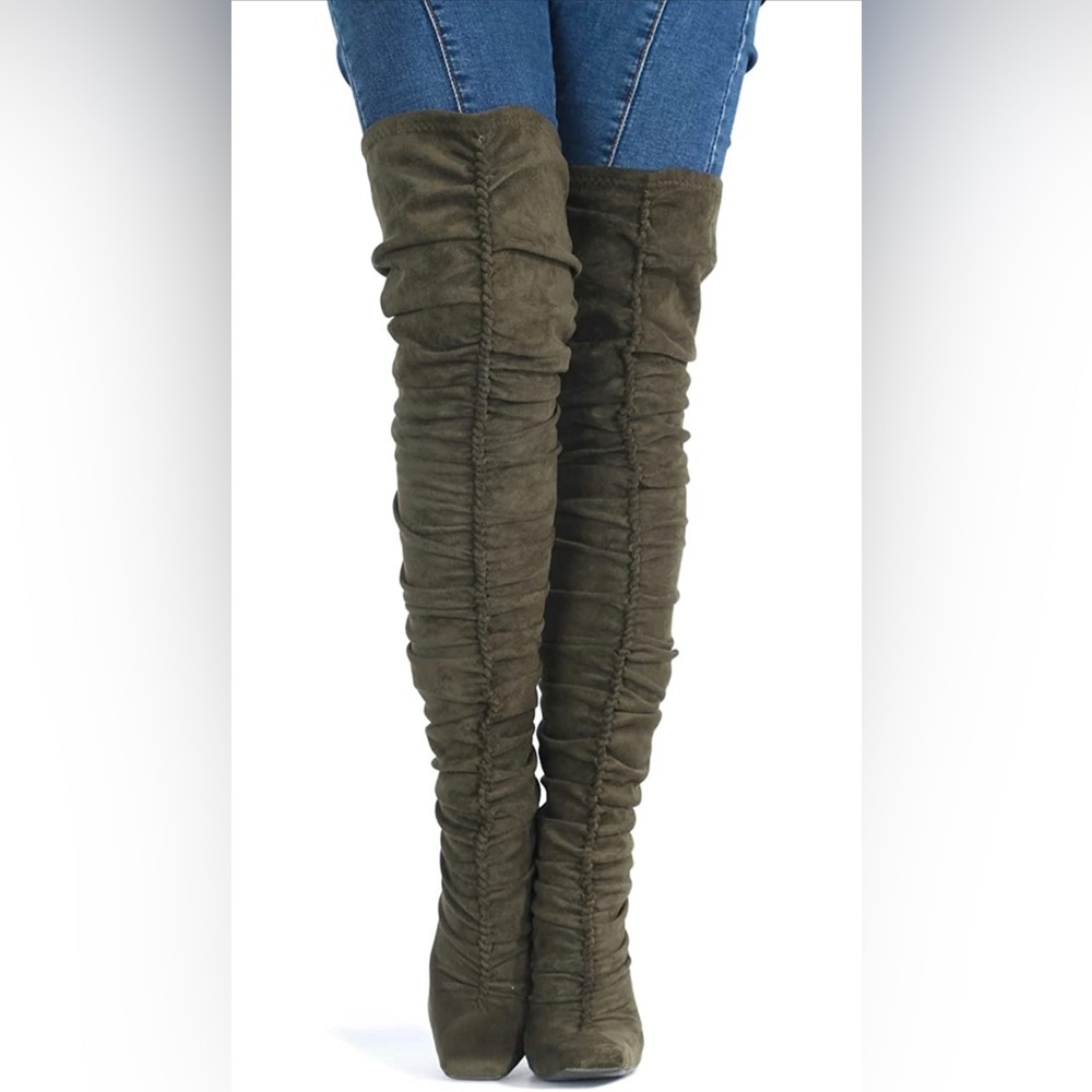 New : Suede Haute In Milan Over The Knee Boots - Olive